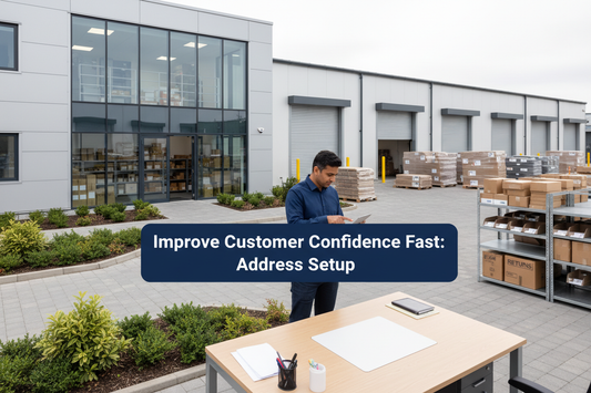 Bright UK commercial warehouse office with parcels, mail trays and returns handling.