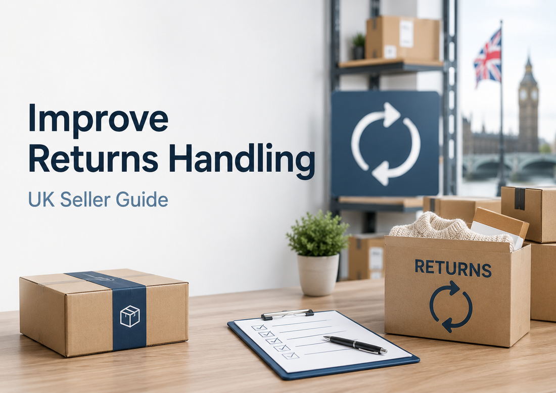 Improve Returns Handling UK Seller Guide with ecommerce return parcels, checklist and warehouse boxes