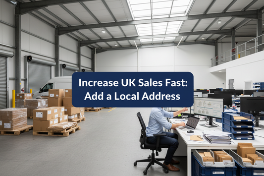 Founder reviewing UK ecommerce customer operations in a bright commercial warehouse office with local returns packages, mail trays and loading bays, featuring a slightly raised navy panel reading “Increase UK Sales Fast: Add a Local Address”