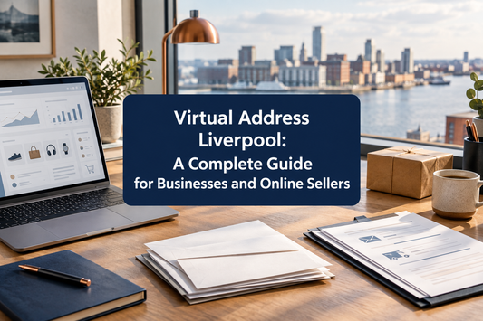 Liverpool-facing business workspace with ecommerce laptop, business correspondence, mail-forwarding paperwork and parcel.