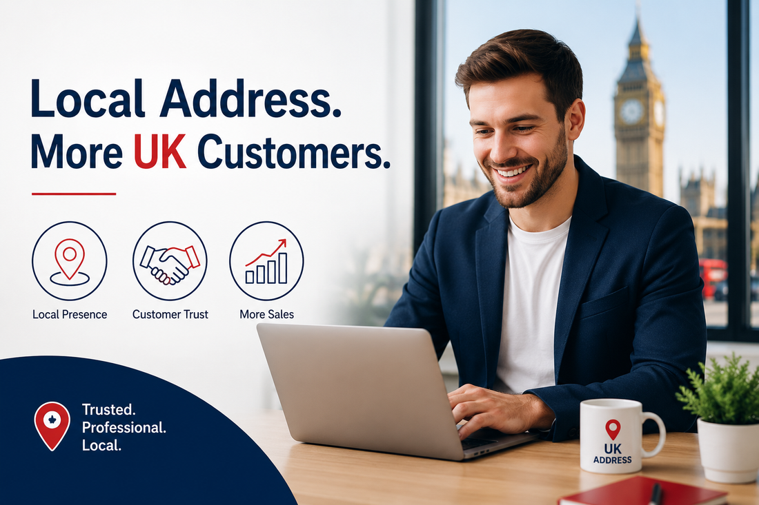 Local UK address banner showing a professional business owner using a laptop with customer trust and local presence icons