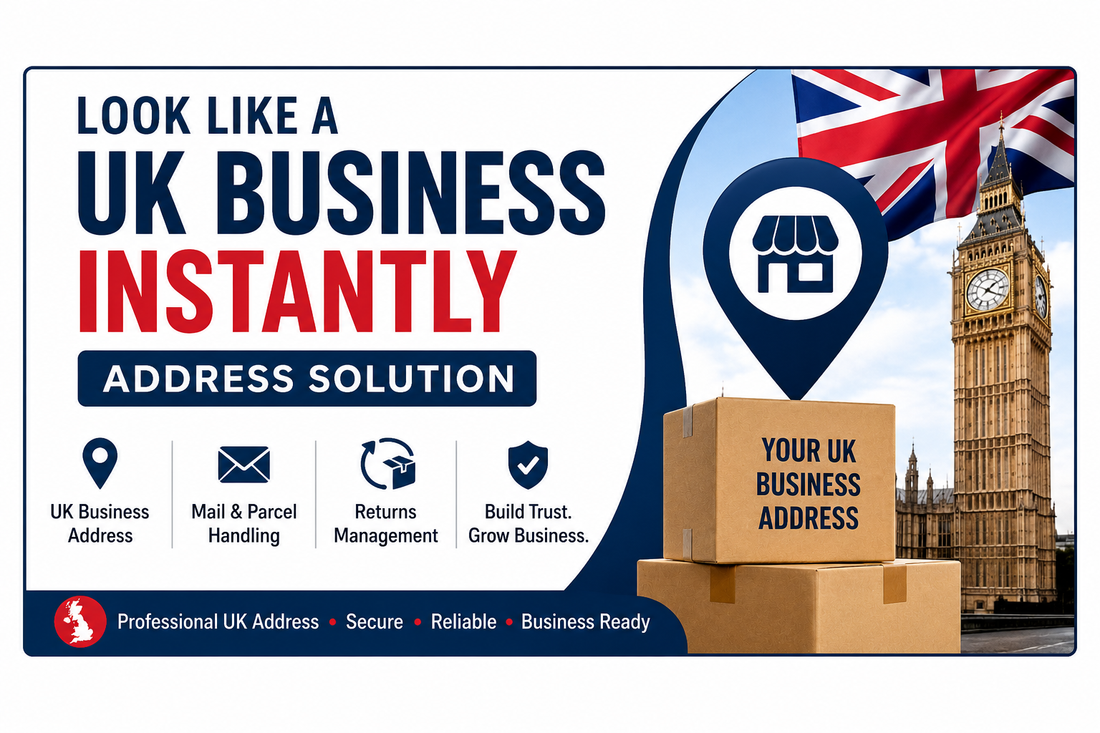 Professional Shopify banner showing a UK business address solution with bold text, UK flag, Big Ben, and parcel handling visuals for overseas ecommerce sellers and remote businesses.