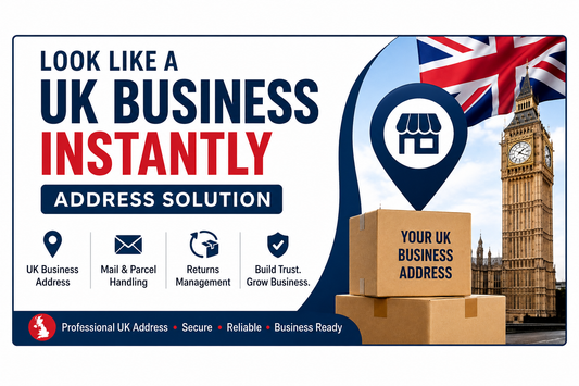 Professional Shopify banner showing a UK business address solution with bold text, UK flag, Big Ben, and parcel handling visuals for overseas ecommerce sellers and remote businesses.