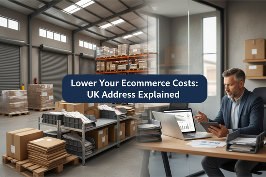Founder reviewing ecommerce fulfilment costs in a bright UK commercial warehouse office with parcels, returns packages and mail trays, featuring a slightly raised navy panel reading “Lower Your Ecommerce Costs: UK Address Explained”