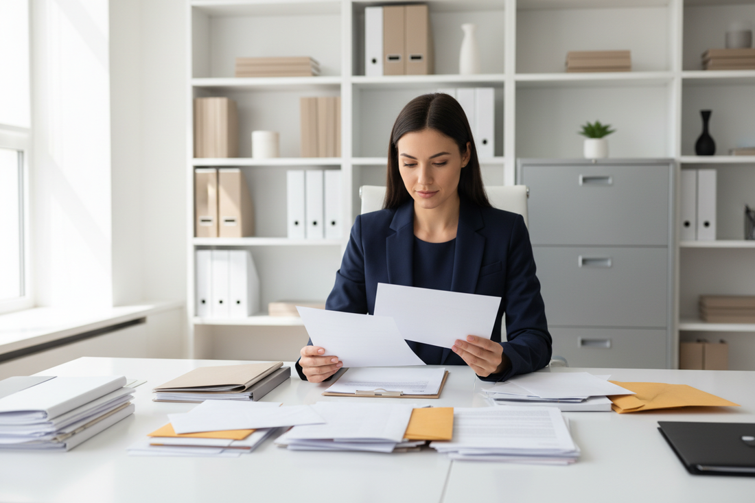 Professional woman reviewing Ltd company mail at a UK business address