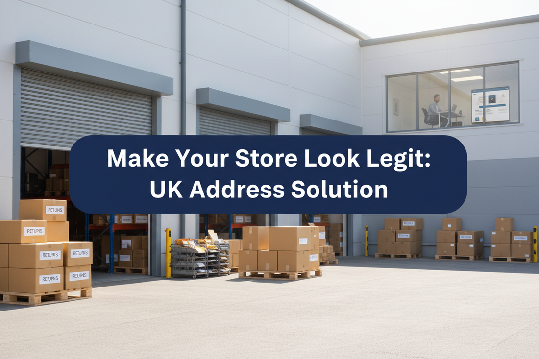 UK ecommerce warehouse office with parcels, returns packages, mail trays and a laptop, featuring a slightly raised navy panel reading “Make Your Store Look Legit: UK Address Solution”