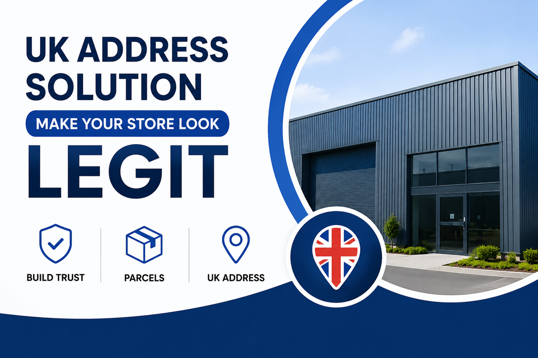 UK business address solution banner showing a professional warehouse and location pin, promoting trust and credibility for online stores.