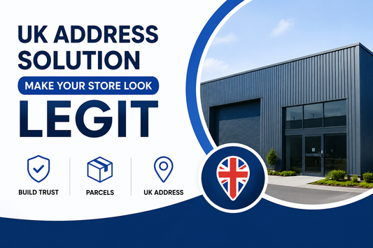 UK business address solution banner showing a professional warehouse and location pin, promoting trust and credibility for online stores.