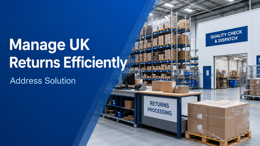 Warehouse returns processing banner with text Manage UK Returns Efficiently Address Solution