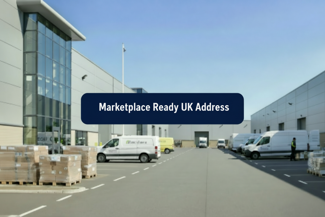 Modern UK warehouse estate with delivery vans, pallets and a centred banner reading “Marketplace Ready UK Address”