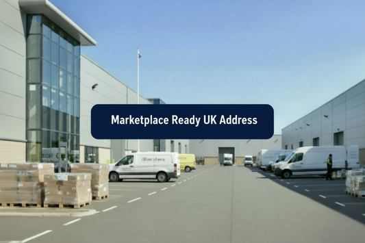 Modern UK warehouse estate with delivery vans, pallets and a centred banner reading “Marketplace Ready UK Address”
