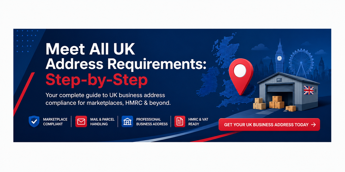 Meet All UK Address Requirements step-by-step banner with UK warehouse business address compliance illustration