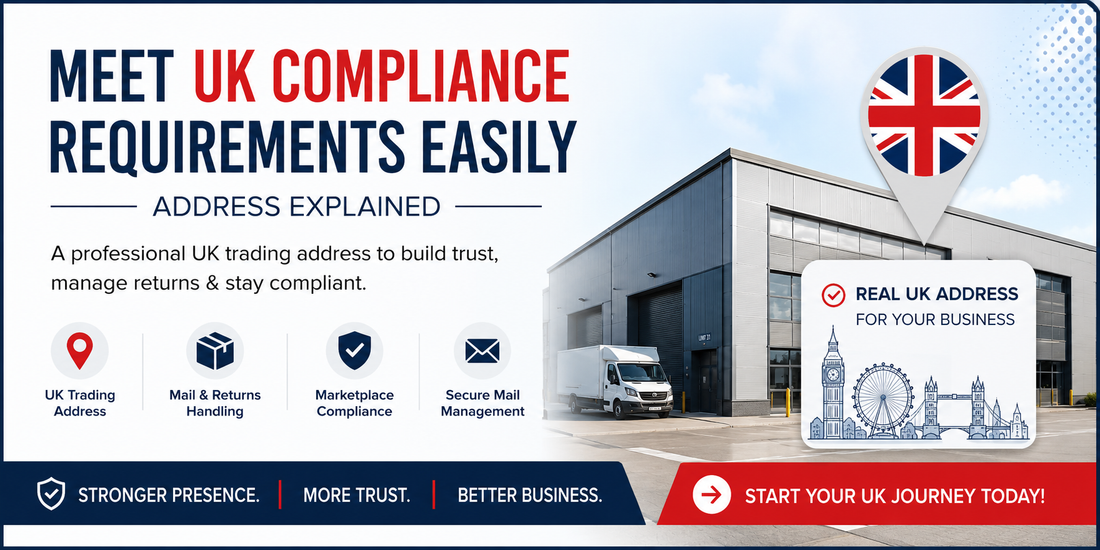 UK compliance warehouse address banner for online businesses.