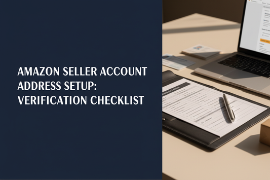 Mobile-safe Amazon seller account address setup checklist with business documents and verification workspace
