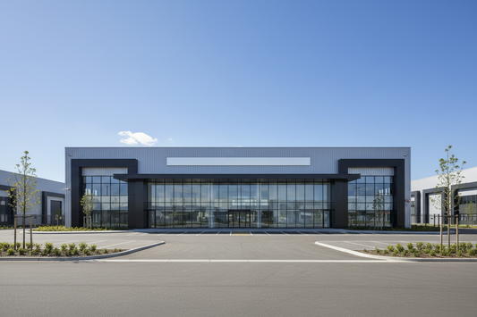 Modern commercial warehouse entrance with glass-fronted reception on a professional UK industrial trading estate