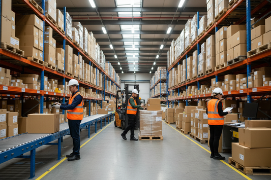 Multiple UK warehouse workers actively processing parcels and returns at sorting stations representing a professional virtual warehouse address service for eBay sellers