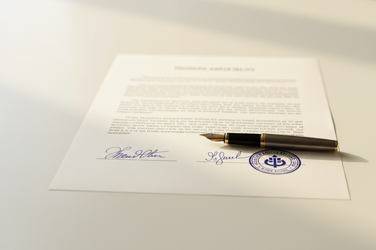 Signed official business agreement document with stamp for UK address verification proof pack