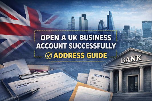 Open a UK business account successfully banner with London skyline, UK flag, bank building and documents highlighting address requirements