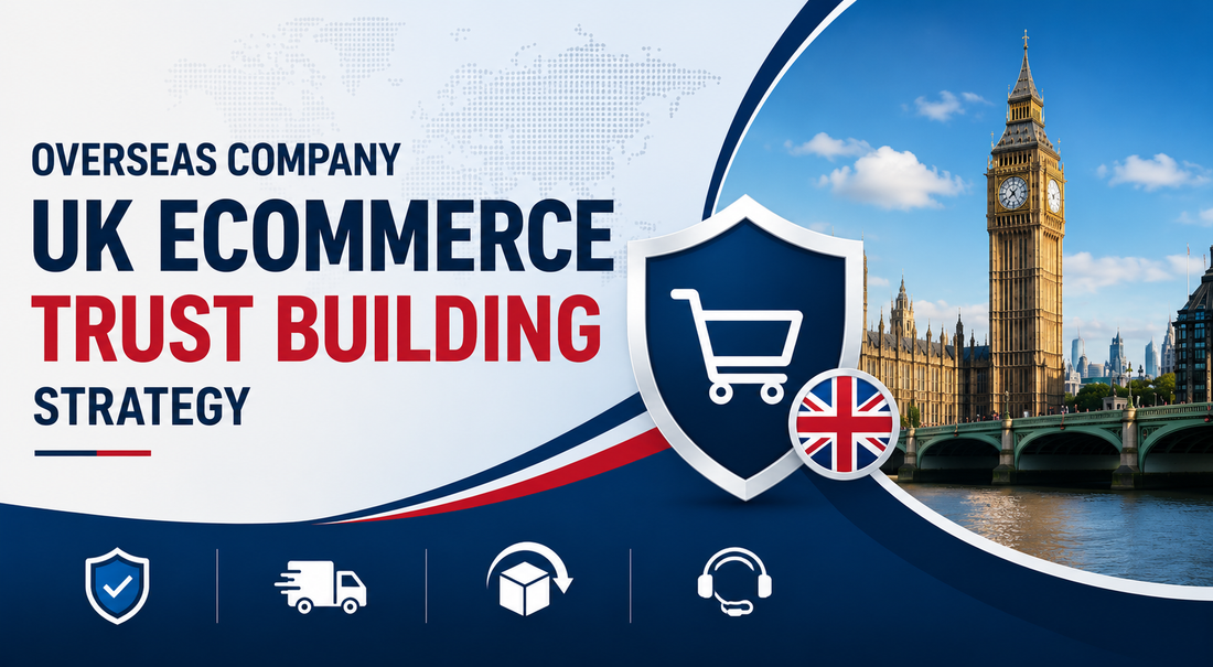 Overseas company UK ecommerce trust building strategy banner with London skyline, shopping cart shield, UK flag, delivery and support icons.