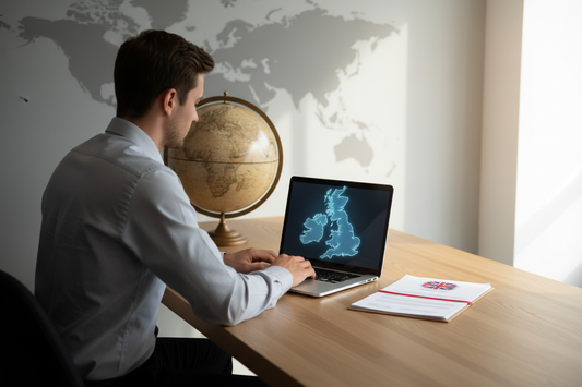 Overseas seller at desk with laptop and UK documents for business address approval guide