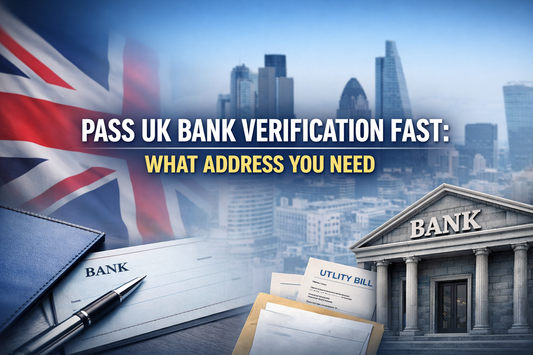 Pass UK Bank Verification Fast banner showing UK flag, London skyline, bank building and documents with central text about address requirements