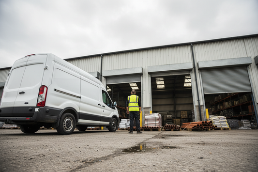 UK plumber loading a transit van outside a warehouse trading estate address used by trade businesses