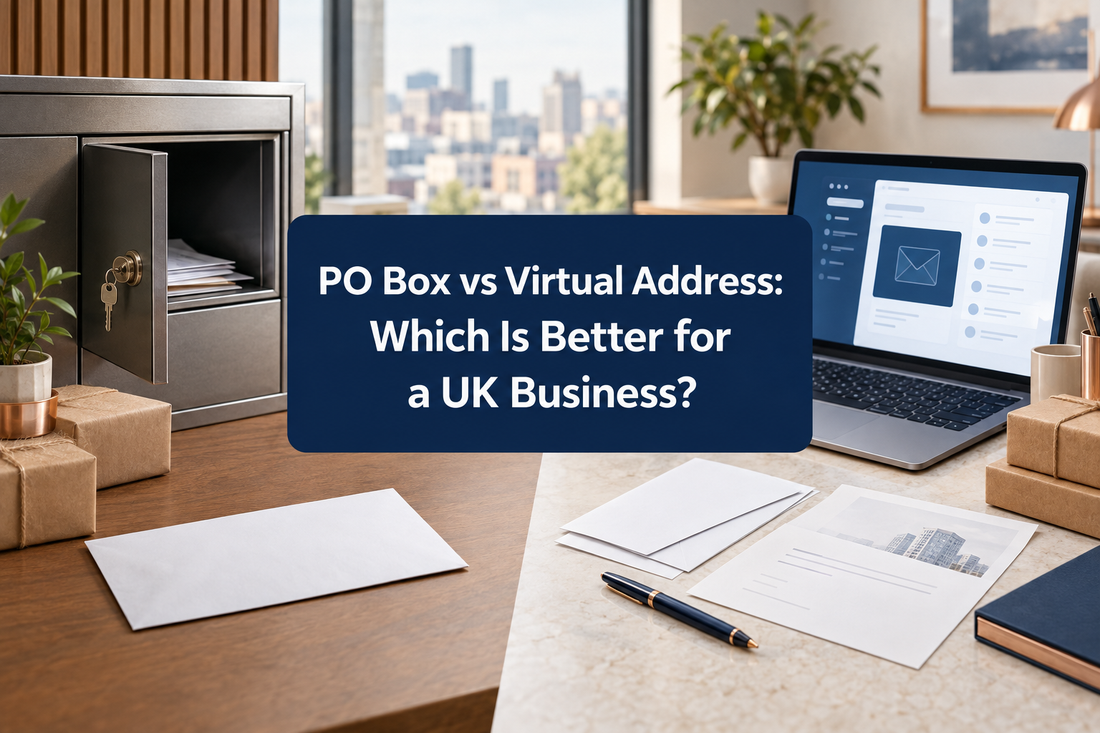 UK business address comparison desk with postal box key, blank envelope, digital mailbox and commercial address documents.⠋