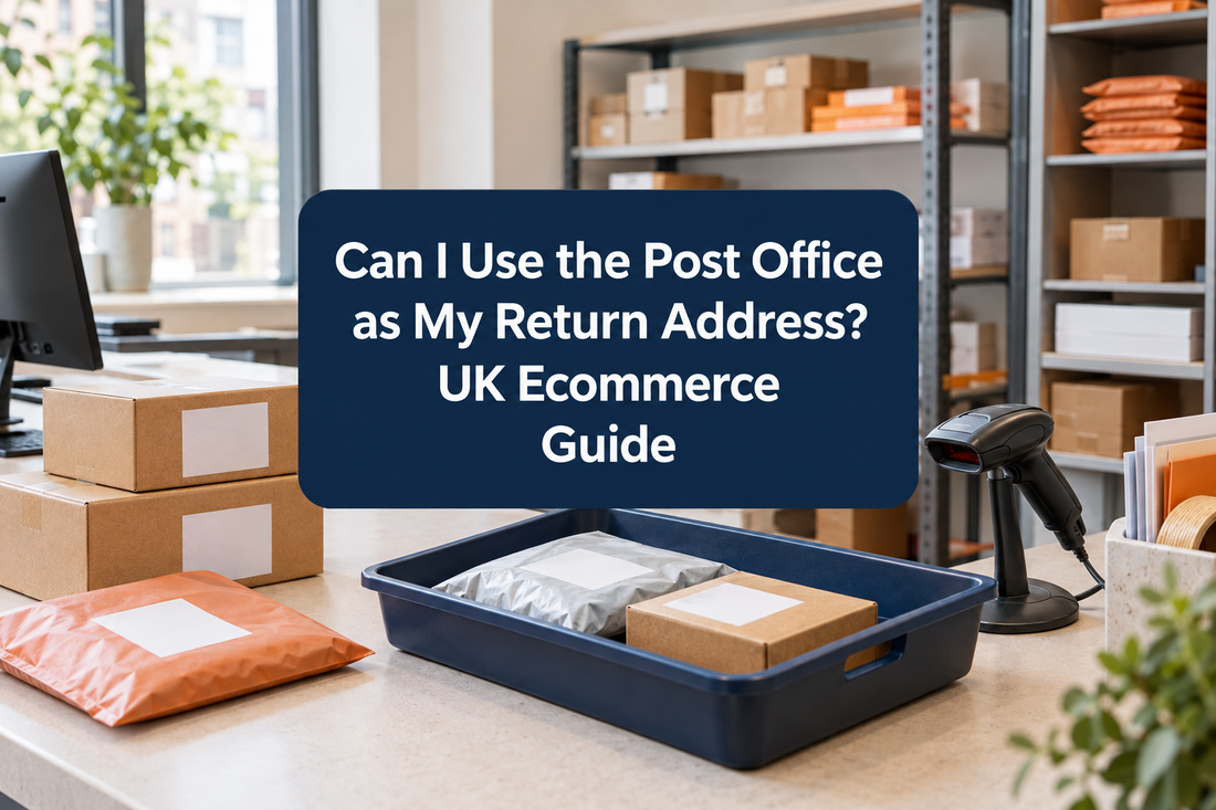 UK ecommerce returns desk with parcels, parcel handoff tray, barcode scanner and organised return packaging.