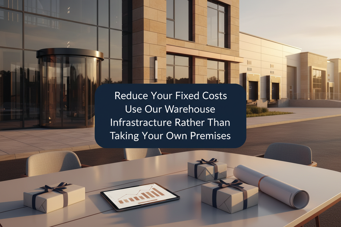 Modern UK commercial property exterior with business planning materials, parcels and subtle logistics facilities at golden hour.⠋