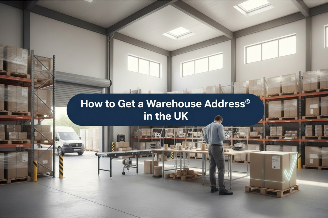 Warehouse staff scanning and moving parcels inside a modern logistics warehouse, with a banner reading “How to Get a Warehouse Address® in the UK”