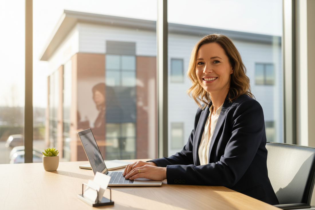 Confident small business owner working at a professional desk with a UK commercial trading estate visible through the window, illustrating how a professional UK business address builds credibility and presence