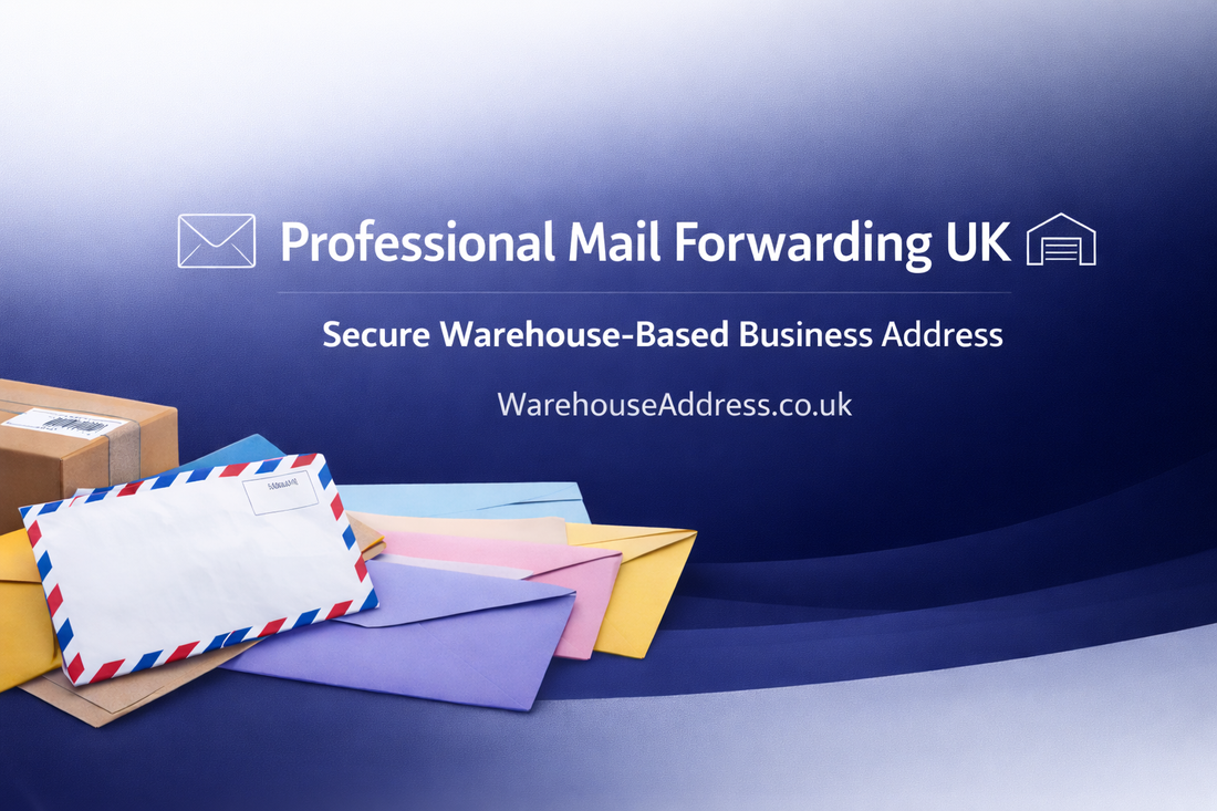 Professional Mail Forwarding UK banner showcasing secure warehouse-based business address service by WarehouseAddress.com