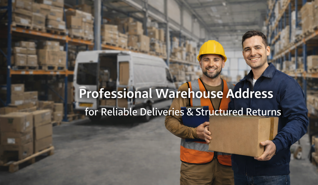 Professional warehouse address banner showing two warehouse workers in a UK industrial storage facility with centred bold text about reliable deliveries and structured returns handling.