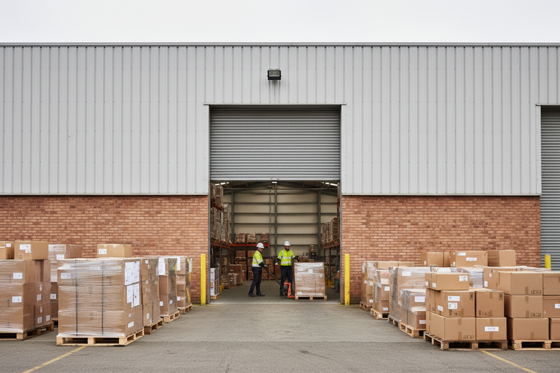 Real UK trading estate warehouse address with active loading bay and workers handling stock