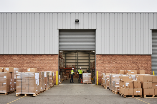 Real UK trading estate warehouse address with active loading bay and workers handling stock