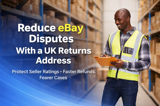 Professional UK warehouse worker processing returns with headline “Reduce eBay Disputes With a UK Returns Address” highlighting faster refunds and seller rating protection