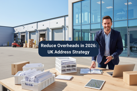 Founder reviewing UK business overheads in a bright commercial warehouse office with loading bays, parcels, mail trays and cost-planning materials, featuring a centred navy panel reading “Reduce Overheads in 2026: UK Address Strategy”