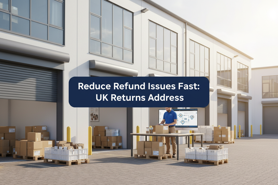 Bright UK warehouse office with returned parcels, mail trays and refund workflow.