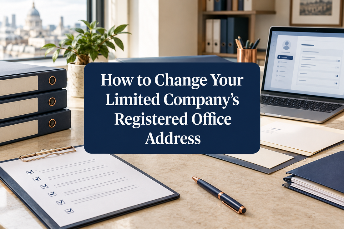 Registered-office change checklist beside company records, business correspondence and a laptop on an office desk.
