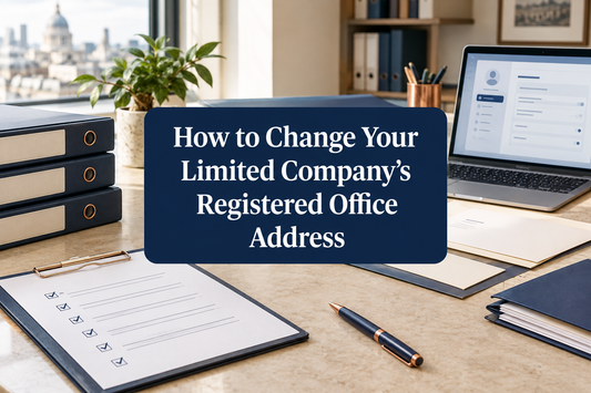 Registered-office change checklist beside company records, business correspondence and a laptop on an office desk.