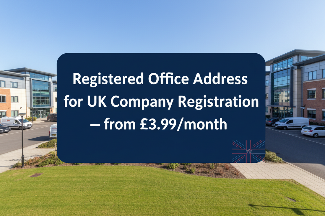 Promotional banner showing UK virtual office and warehouse address services for company registration, HMRC compliance, mail handling, returns and dispatch.