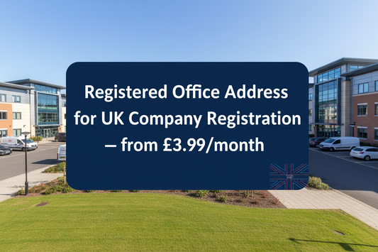 Promotional banner showing UK virtual office and warehouse address services for company registration, HMRC compliance, mail handling, returns and dispatch.