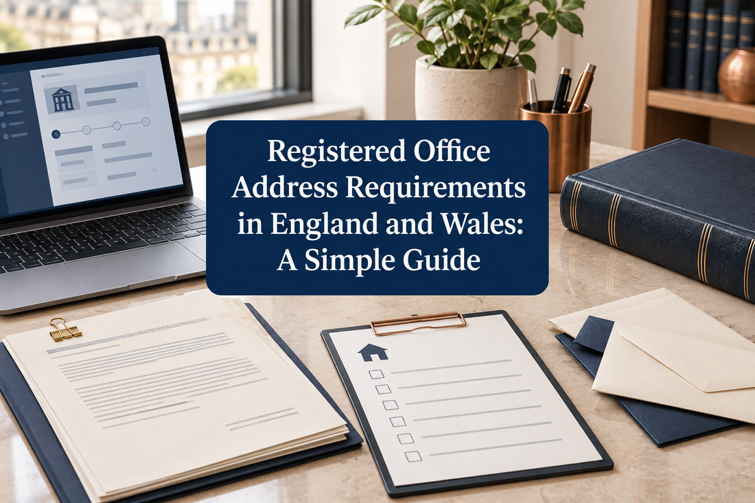 Company-formation papers, registered-office checklist and business correspondence arranged on a desk.