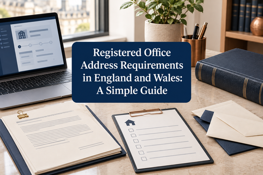 Company-formation papers, registered-office checklist and business correspondence arranged on a desk.