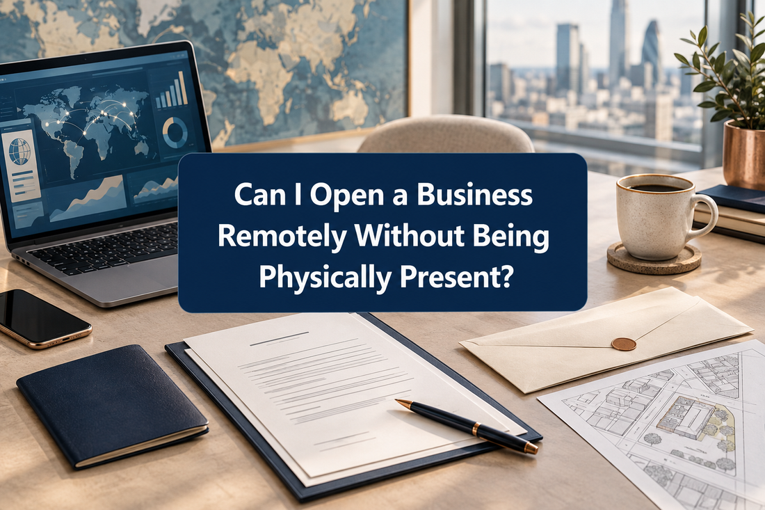 Remote business planning desk with UK company documents, laptop, professional envelope and international address materials.