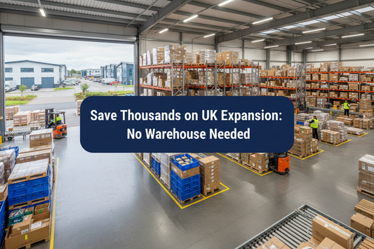 Bright UK commercial warehouse with loading bays, pallets and parcels, featuring a centred navy panel reading “Save Thousands on UK Expansion: No Warehouse Needed”