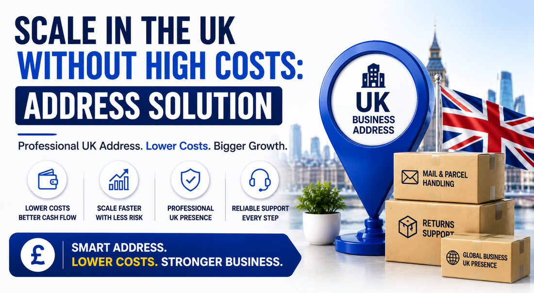 Scale in the UK without high costs banner with UK business address, parcel handling, and growth support
