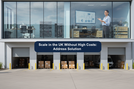 International ecommerce founder reviewing staged UK growth plans in a bright commercial warehouse office with loading bays, parcels and mail trays, featuring a middle-centred navy panel reading “Scale in the UK Without High Costs: Address Solution”