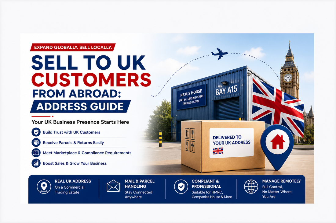 Sell to UK customers from abroad banner featuring UK warehouse, parcel delivery box, and British flag with global shipping concept