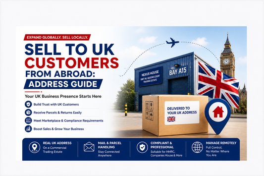 Sell to UK customers from abroad banner featuring UK warehouse, parcel delivery box, and British flag with global shipping concept
